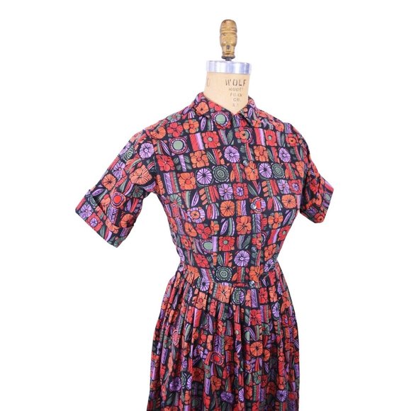 Vintage 1960s Cotton Day Dress Black Orange Floral Print Shirtdress | W 25" - Picture 3 of 5